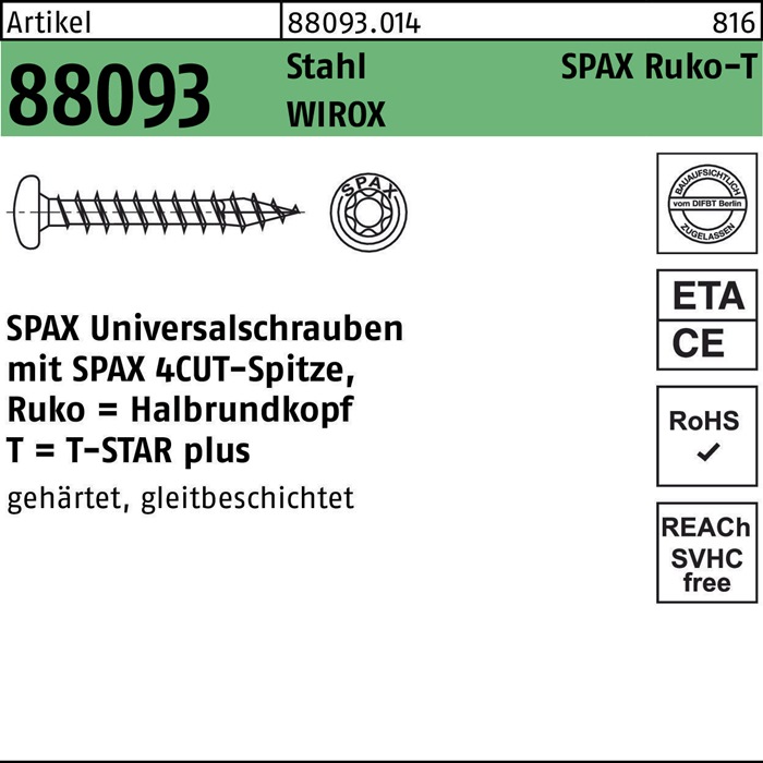 SPAX Schraube R 88093 Ruko m.Spitze/T-STAR 4,5 x 60/57-T20 Stahl galvanisch verzinkt WIROX