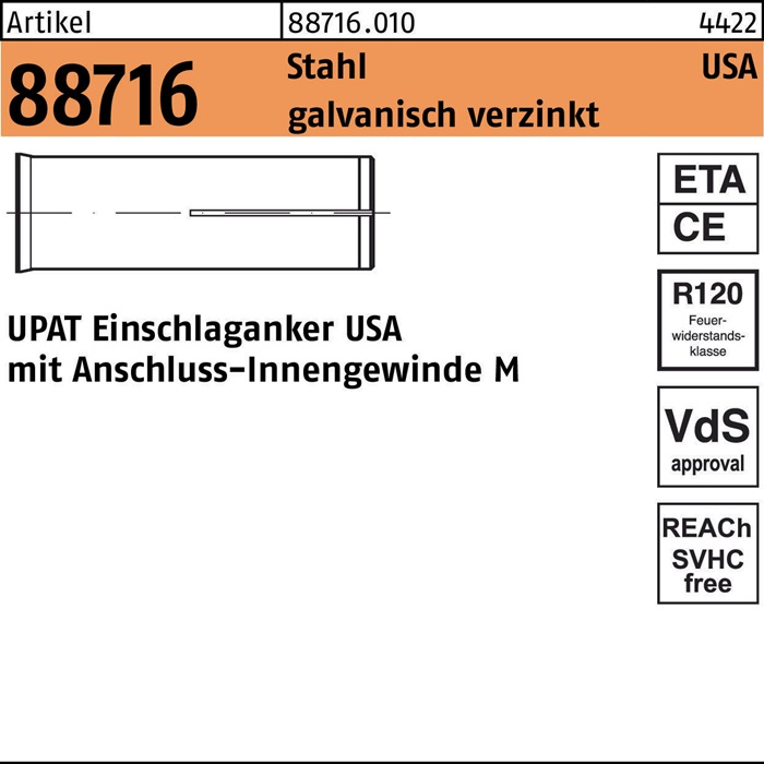 UPAT Einschlaganker R 88716 USA M 8 Stahl galvanisch verzinkt