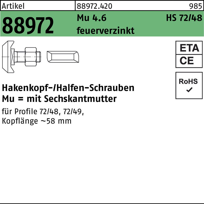 HALFEN Hammerkopfschraube R 88972 Typ 72/48 M 20 x 75 Mu 4.6 feuerverzinkt