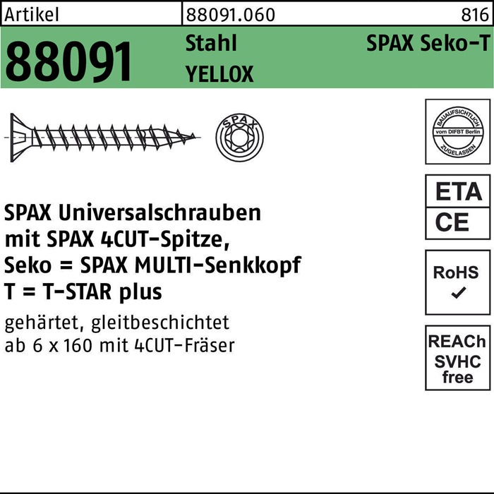 SPAX Schraube R 88091 Senkkopf/T-STAR 3 x 12/ 10-T10 Stahl galvanisch verzinkt gelb