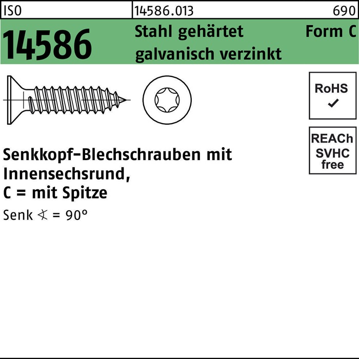 Reyher Senkblechschraube ISO 14586 m.Innensechsrund/Spitze 3,5x 9,5 -C Stahl gehärtet galvanisch verzinkt