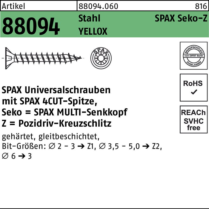 SPAX Schraube R 88094 Senkkopf m.Spitze/Kreuzschl.-PZ 5 x 20/14-Z Stahl galvanisch verzinkt gelb
