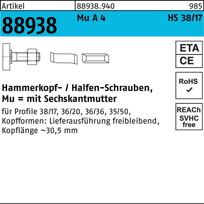 HALFEN Hammerkopfschraube R 88938 Typ 38/17 6-kantmutter M 16 x 40 Mu A 4