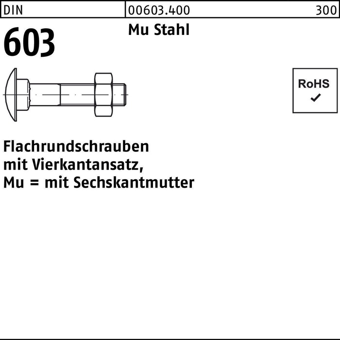 Reyher Flachrundschraube DIN 603 m.Vierkantansatz/6-kantmutter M 10 x 220 Mu Stahl 4.6