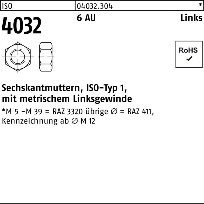 BUFAB Sechskantmutter ISO 4032 links M 16 6 Automatenstahl