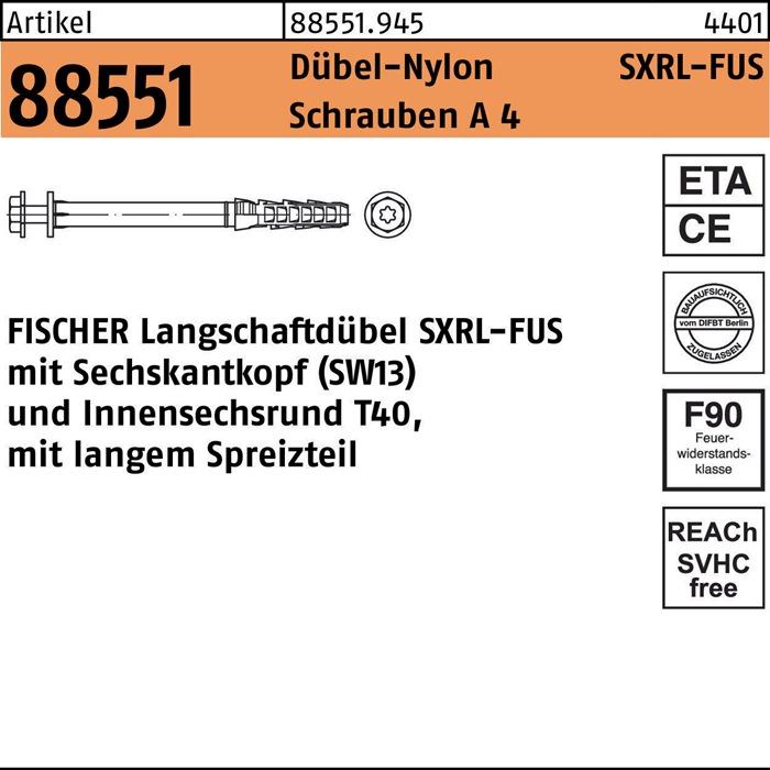 fischer Langschaftdübel R 88551 SXRL 10 x120 FUS Schrauben A 4/Dübel-Nylon