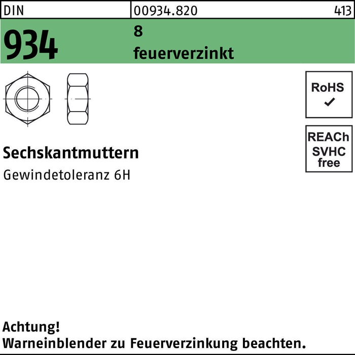 Reyher Sechskantmutter DIN 934 M 12 8 feuerverzinkt