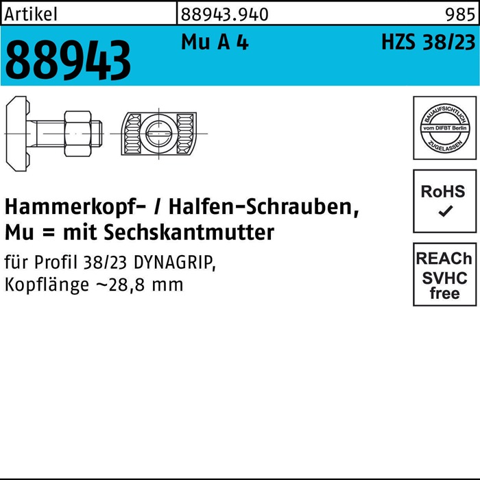 HALFEN Hammerkopfschraube R 88943 6-kantmutter M 16 x 60 Mu A 4