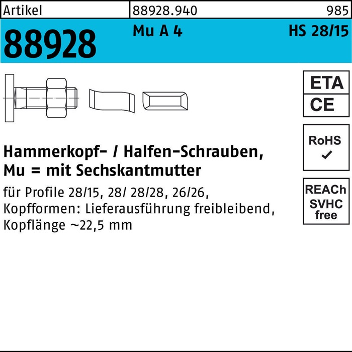 HALFEN Hammerkopfschraube R 88928 Typ 28/15 6-kantmutter M 10 x 80 Mu A 4