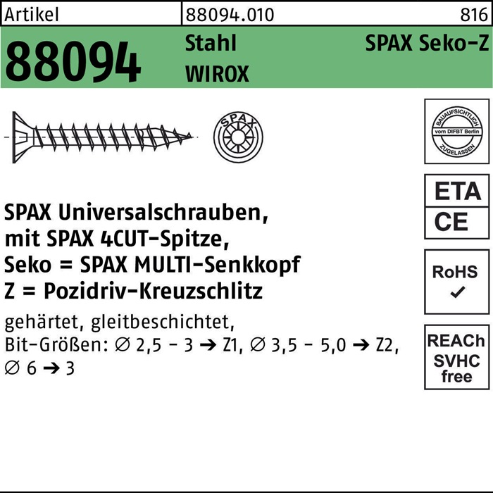 SPAX Schraube R 88094 Senkkopf m.Spitze/Kreuzschl.-PZ 5 x 25/19-Z Stahl galvanisch verzinkt WIROX