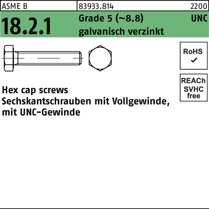 Reyher Sechskantschraube R 83933 m.UNC-Gewinde VG 1/4 x 3/4 Grade 5 (~8.8) galvanisch verzinkt