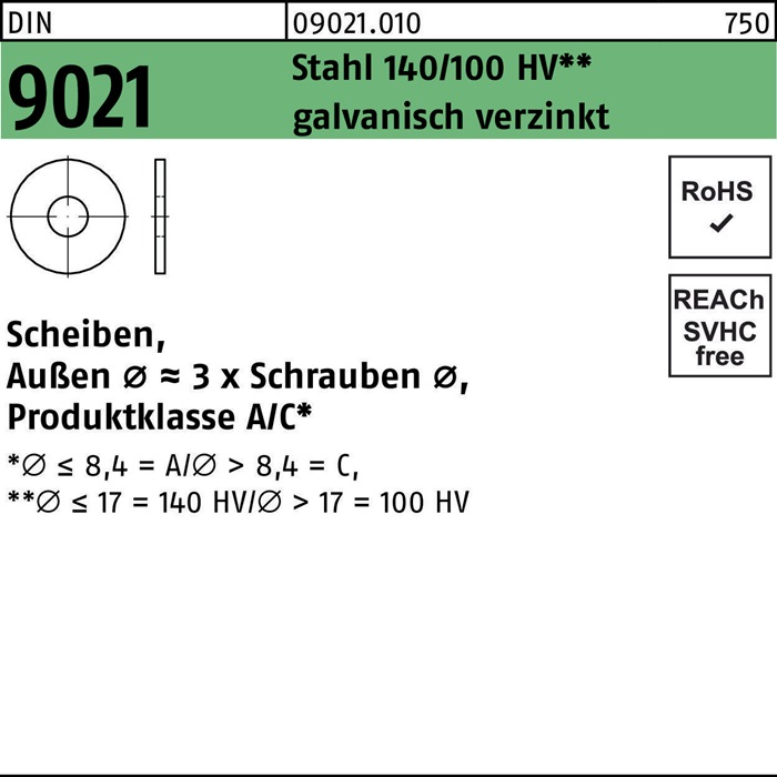 Reyher Unterlegscheibe DIN 9021 10,5 x 30 x2,5 Stahl 140/100 HV galvanisch verzinkt