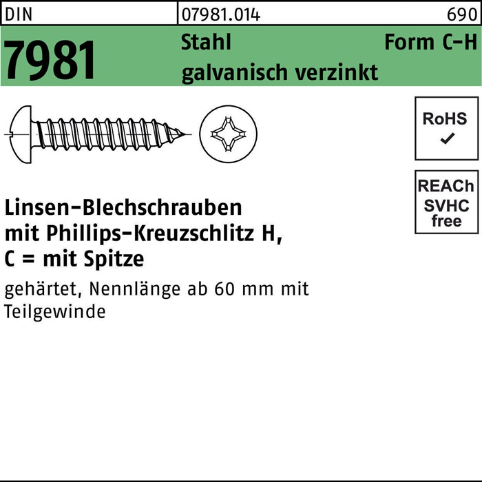 Reyher Blechschraube DIN 7981 LIKO m.Kreuzschlitz-PH C6,3 x 50 -H Stahl galvanisch verzinkt m.Spitze