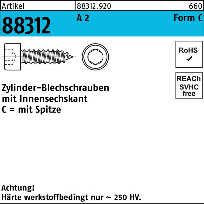 Reyher Zylinderblechschraube R 88312 m.Spitze/Innen-6-kant C 5,5 x 70 A 2