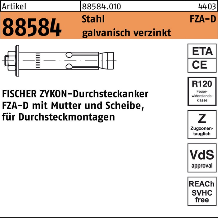 fischer Durchsteckanker R 88584 ZYKON FZA-D 14x 80 M10D/20 Stahl galvanisch verzinkt