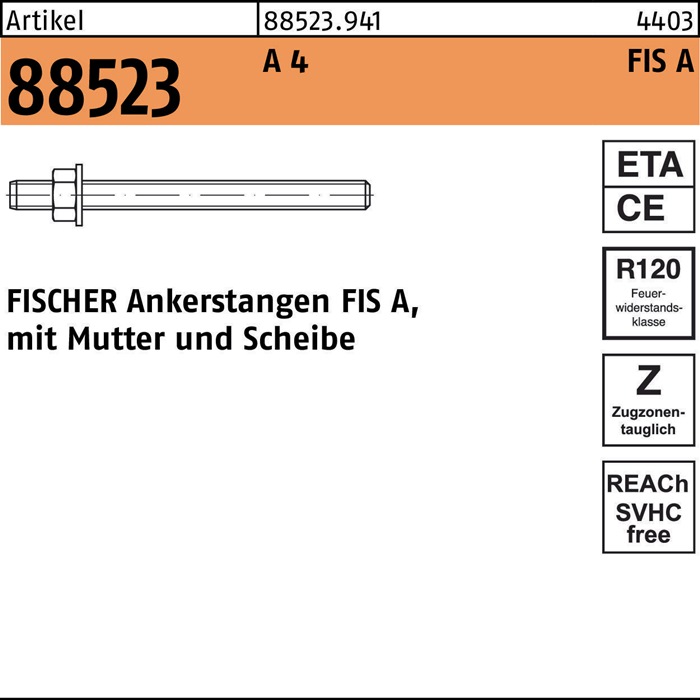fischer Ankerstange R 88523 FIS A M 16x175 A 4 Mutter/Scheibe