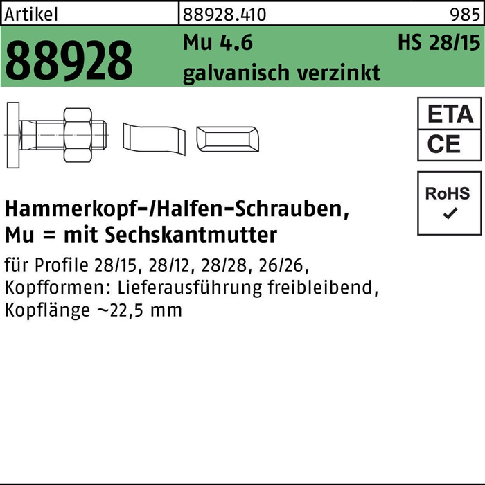 HALFEN Hammerkopfschraube R 88928 Typ 28/15 6-kantmutter M 12 x 50 Mu 4.6 galvanisch verzinkt