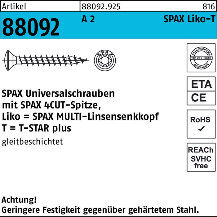 SPAX Schraube R 88092 Linsenkopf/T-STAR 3 x 25/21-T10 A 2
