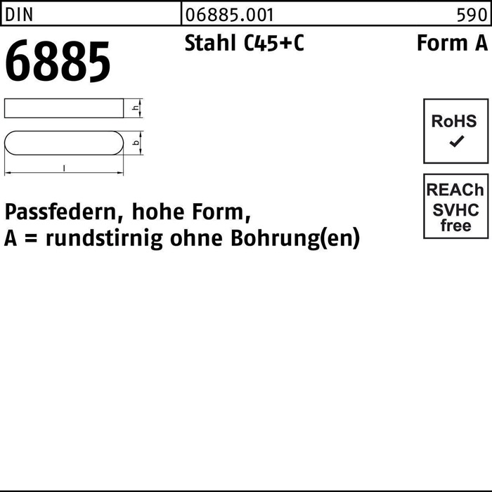 Reyher Passfeder DIN 6885 Form A rundstirnig/o.Bohrung A 4 x 4 x 28 Stahl C45+C