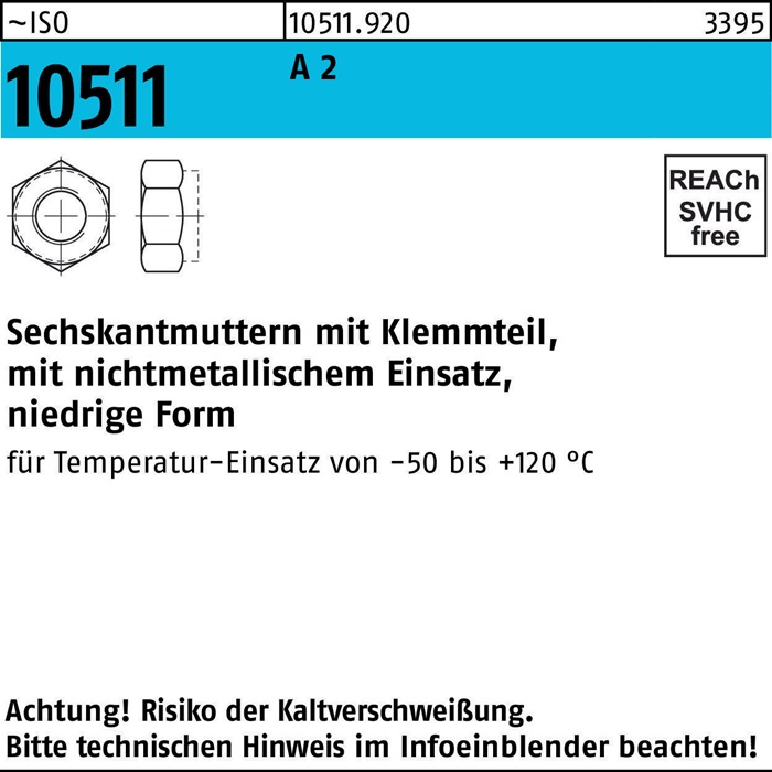 Reyher Sechskantmutter ISO 10511 m.Klemmteil M 4 A 2