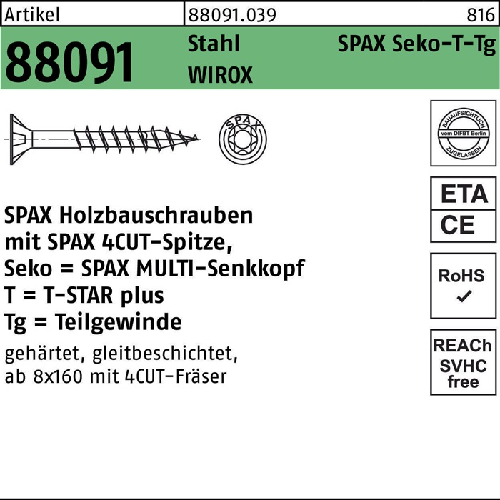 SPAX Schraube R 88091 Senkkopf/T-STAR TG 10 x 200/ 80-T50 Stahl WIROX