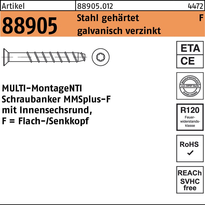 HECO SCHRAUBEN Schraubanker R 88905 MULTI-MONTI MMSplus-F 7,5 x 45/ 10 T40 Stahl gehärtet galvanisch verzinkt