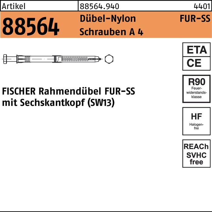 fischer Rahmendübel R 88564 m.6-kant-Schraube FUR 10 x 80 SS Schraube A 4/Dübel-Nylon