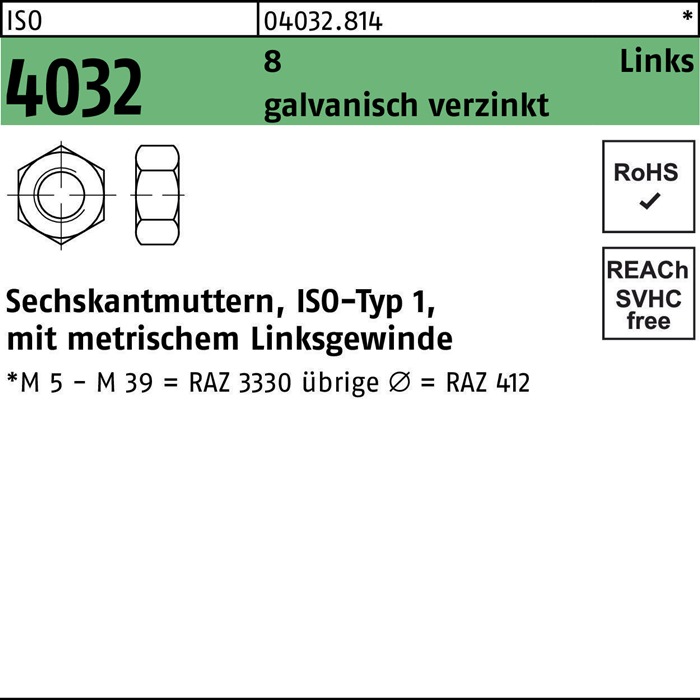 BUFAB Sechskantmutter ISO 4032 links M 16 8 galvanisch verzinkt
