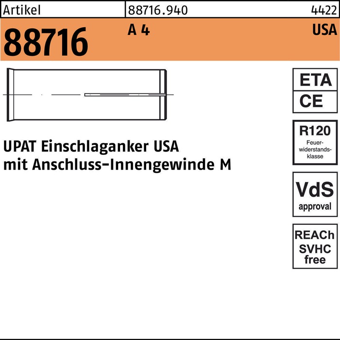 UPAT Einschlaganker R 88716 USA M 8 A 4