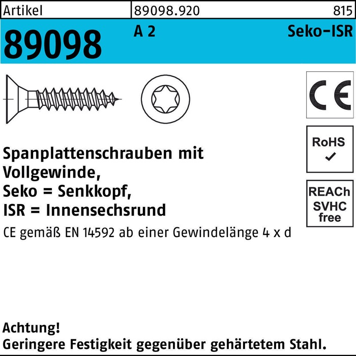 Reyher Spanplattenschraube R 89098 SEKO Innensechsrund VG 4,5 x 70 -T20 A 2