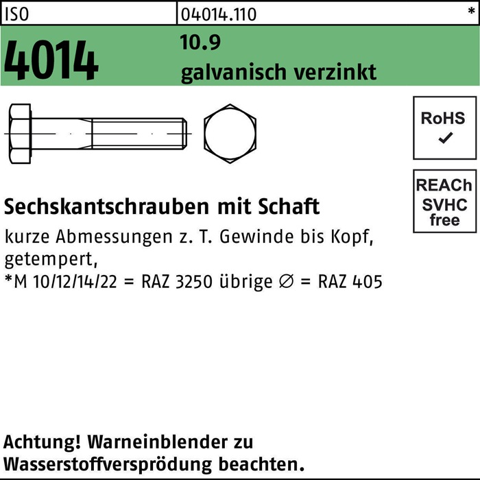 Reyher Sechskantschraube ISO 4014 m.Schaft M 20 x 150 10.9 galvanisch verzinkt