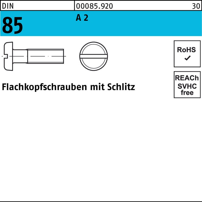 Reyher Flachkopfschraube DIN 85/ISO 1580 Schlitz M 5 x 16 A 2