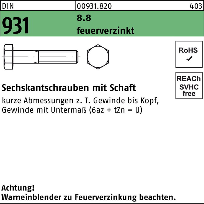 Reyher Sechskantschraube DIN 931 m.Schaft M 12 x 180 8.8 feuerverzinkt