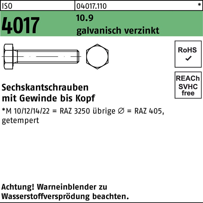 BUFAB Sechskantschraube ISO 4017 VG M 14 x 80 10.9 galvanisch verzinkt