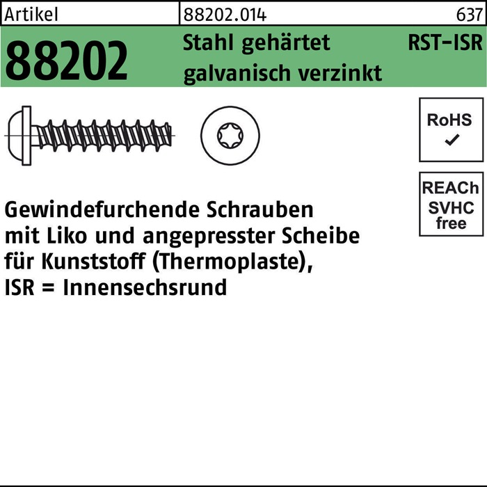 Reyher Gewindefurchendeschraube R 88202 Liko ISR 6 x 16 -T25 Stahl gehärtet galvanisch verzinkt