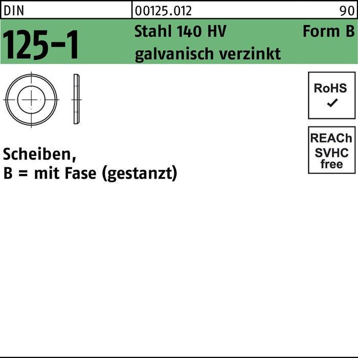Reyher Unterlegscheibe DIN 125-1 Form B 31 x 56 x4 Stahl 140 HV galv. verzinkt gestanzt