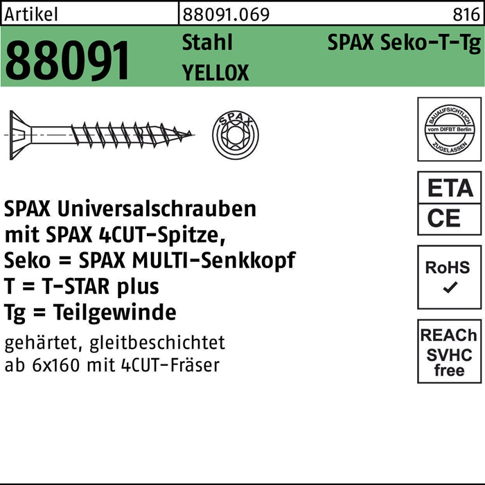 SPAX Schraube R 88091 Senkkopf/T-STAR TG 6 x120/ 68-T30 Stahl galvanisch verzinkt gelb