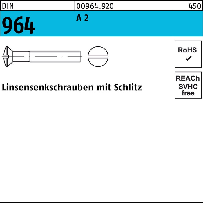 Reyher Linsensenkschraube DIN 964 Schlitz M 6 x 60 A 2
