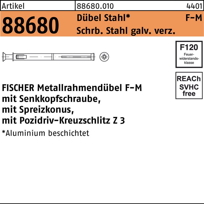 fischer Metallrahmendübel R 88680 F 10 M 182 Schraube Stahl galv. verz./Dübel Stahl