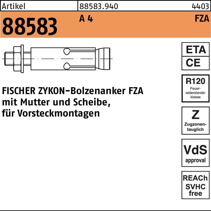 fischer Bolzenanker R 88583 ZYKON FZA 18x 80 M 12/25 A 4 Ohne Oberflächenangabe