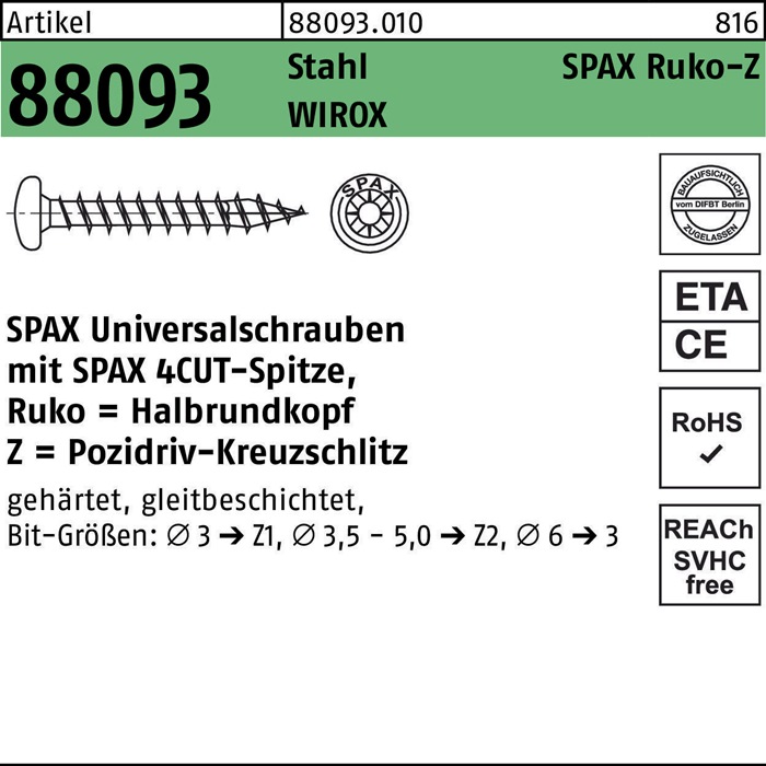 SPAX Schraube R 88093 Ruko m.Spitze/Kreuzschlitz-PZ 4 x 45/42-Z Stahl galvanisch verzinkt WIROX