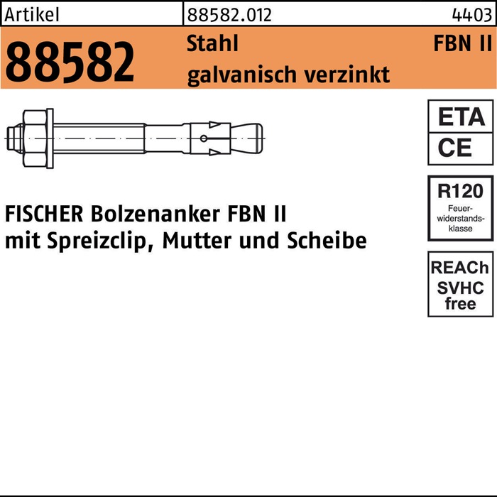 fischer Bolzenanker R 88582 FBN II 10/ 20 Stahl galvanisch verzinkt galvanisch verzinkt