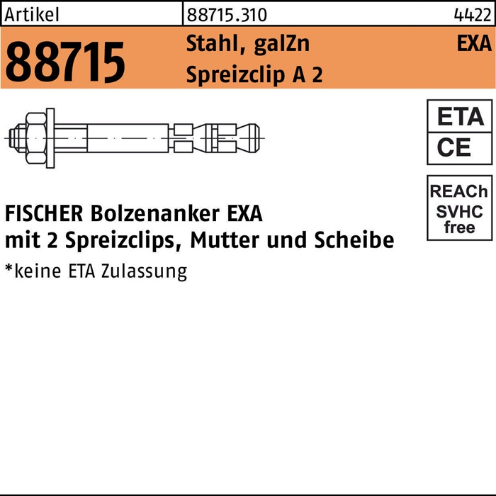 fischer Bolzenanker R 88715 EXA 12/105 Stahl galvanisch verzinkt/Spreizclip A 2 Spreizclip A 2