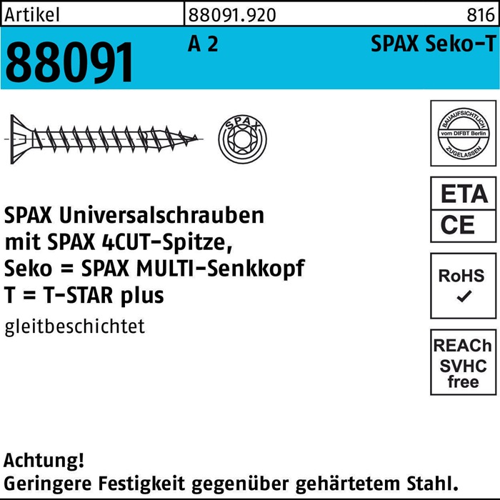 SPAX Schraube R 88091 Senkkopf T-STAR 4,5 x 50/44-T20 A 2
