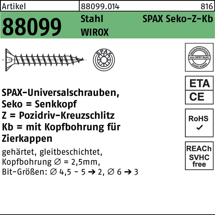SPAX Spanplattenschraube R 88099 Seko m.Kreuzschlitz-PZ 4,5 x 55/44-Z Stahl galvanisch verzinkt WIROX