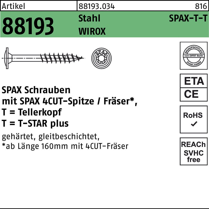 SPAX Tellerkopfschraube R 88193 m.Spitze/T-STAR 10 x 260/80 -T50 Stahl galvanisch verzinkt WIROX