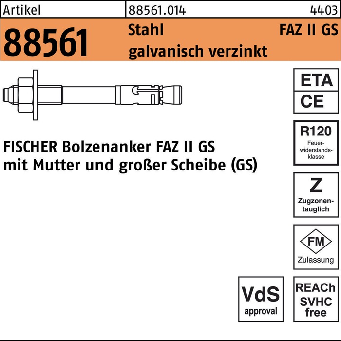 fischer Ankerbolzen R 88561 FAZ II 8/ 10 GS Stahl galvanisch verzinkt galvanisch verzinkt