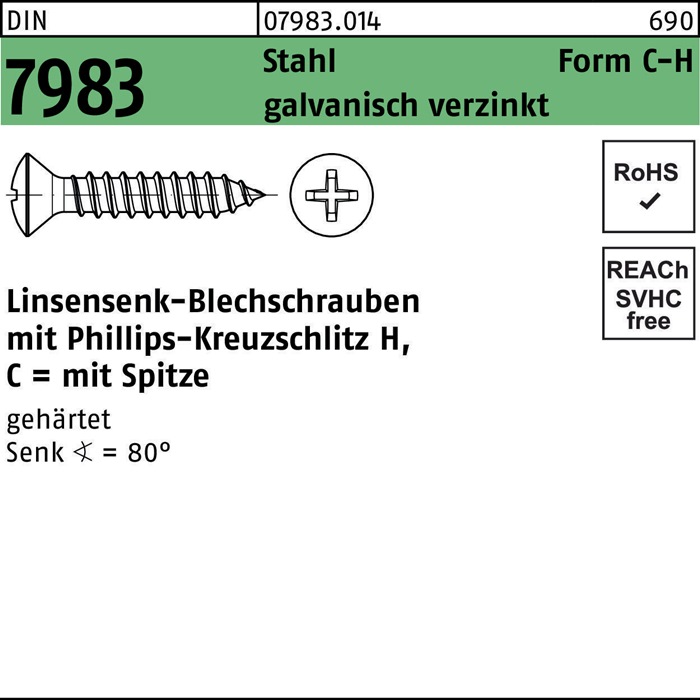 Reyher Linsensenkblechschraube DIN 7983 m.Kreuzschlitz-PH C 4,2 x 25 -H Stahl gehärtet galvanisch verzinkt