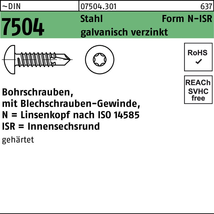 Reyher Bohrschraube DIN 7504 m.Innensechsrund N 4,8 x 80 -T25 Stahl galvanisch verzinkt galvanisch verzinkt / Stahl