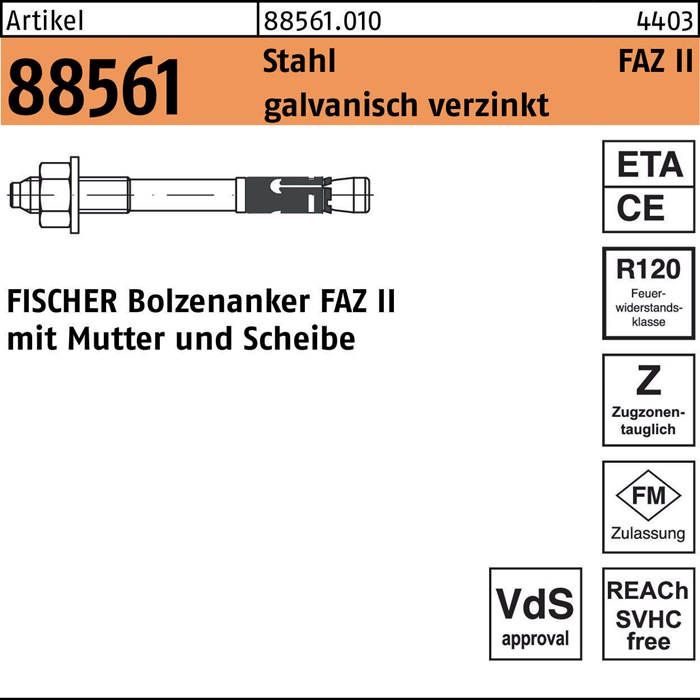 fischer Ankerbolzen R 88561 FAZ II 16/ 5 Stahl galvanisch verzinkt galvanisch verzinkt